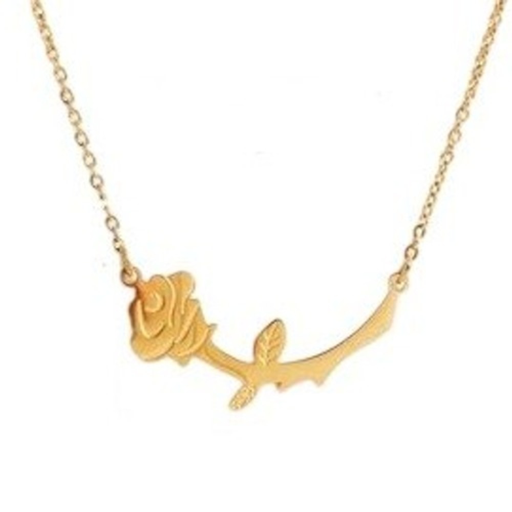 18k Gold Plated Rose Flower Pendant Necklace Horizontal Stem Floral Jewelry